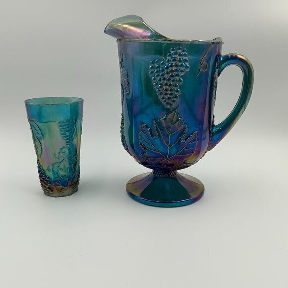 Vintage Blue Indiana Glass Grape Harvest Carnival Pitcher and Drinking Glass - Picture 2 of 8